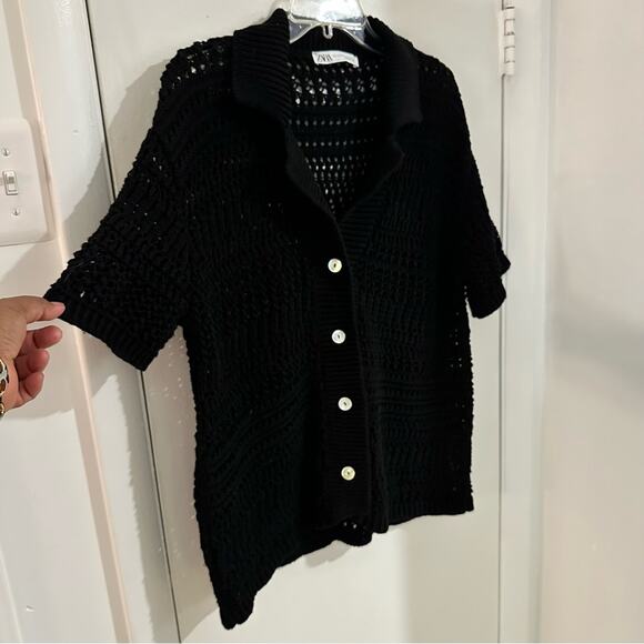 Zara Black Open Knit Polo Cardigan Sweater Short Sleeve Button Down V Neck S/M - Picture 9 of 11